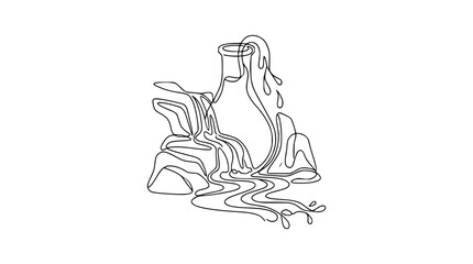 Obraz premium Minimalist Continuous Line Art: Waterfall Flowing from Vase into Abstract Waves