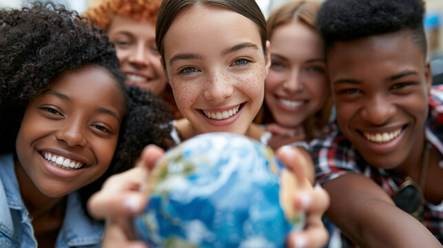 Diverse junge Gruppe h&auml;lt gemeinsam einen Globus in den H&auml;nden