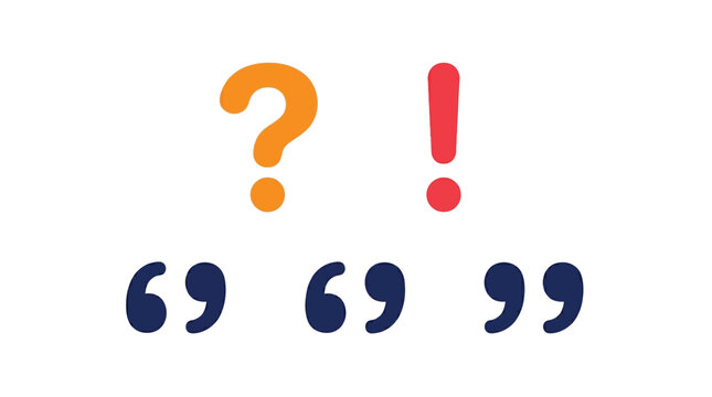 Colorful vector illustration featuring bold punctuation marks including a question mark exclamation point and quotation marks
