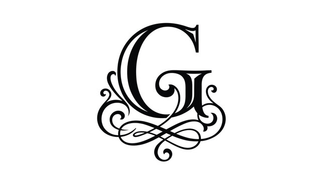 Elegant black letter G vector illustration featuring intricate decorative swirls and classic vintage calligraphy style design
