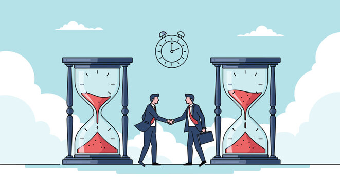 Business partners shaking hands in the sky between two giant hourglasses representing a successful and timely agreement.