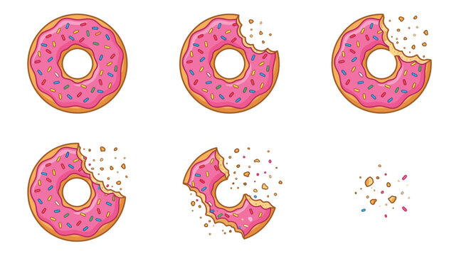 A colorful vector illustration set showing sweet glazed donuts with sprinkles in various eaten stages
