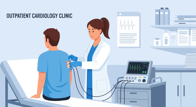 Cardiology Clinic: Doctor Examines Patient with ECG Machine and Heart Monitor
