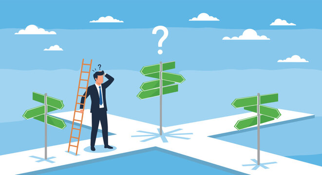 Confused businessman standing at a crossroads with multiple direction signs trying to make a difficult career decision.