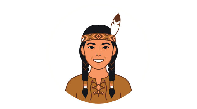 A flat vector illustration featuring a cheerful indigenous person wearing a traditional feather headband design