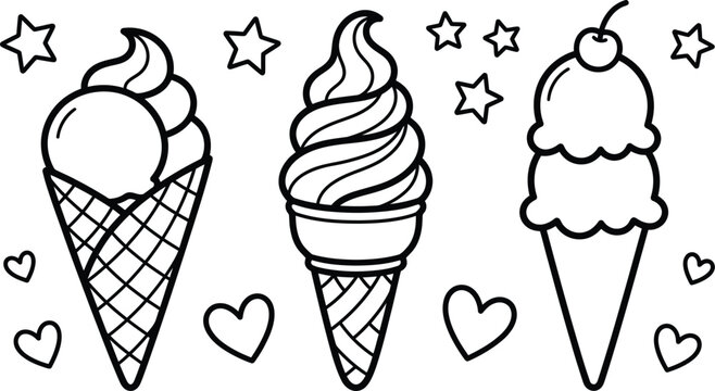 Coloring book ice cream cones isolated on transparent background silhouette