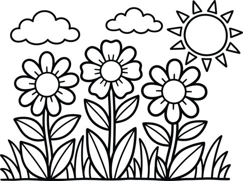 Coloring book page isolated on transparent background silhouette of three flowers and sun