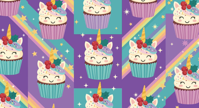 Seamless Pattern: Cute Unicorn Cupcakes with Rainbows and Stars, Kawaii Food Illustration
