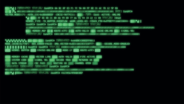 Retro terminal screen with green code and system diagnostics
