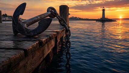 Fototapeta premium taut. A heavy iron anchor on a wooden dock at dusk, chain leading into dark blue water. mobility guides, transit brochures, designed for transport & logistics marketing, used by it administrators.