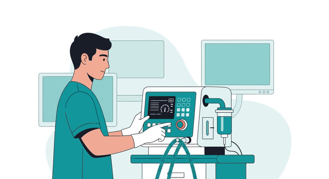 Doctor Adjusting Medical Ventilator Machine for Patient Care in Hospital Room