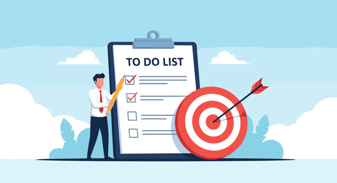 Professional businessman checking off tasks on a large to-do list next to a bullseye target to achieve his career goals.
