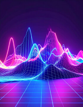 Retro synthwave digital terrain grid vector background. Futuristic neon wave landscape, cyberspace wireframe valley, or music album cover backdrop.