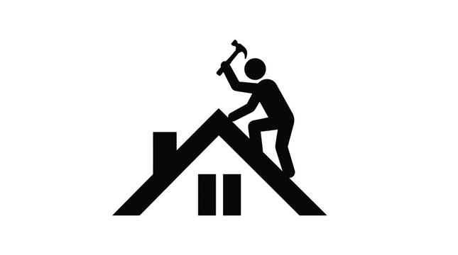 Minimalist black vector illustration showing a construction worker repairing a steep roof with a hammer