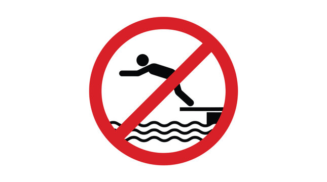 A bold red vector illustration depicting a no diving warning sign for public swimming areas