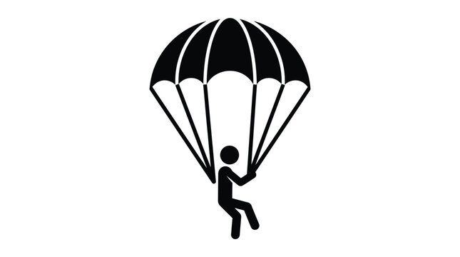 Minimalist black vector illustration showing a stick figure person descending slowly with a large parachute