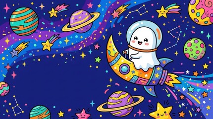 Naklejka premium Kawaii Ghost Astronaut Flying Rocket through Vibrant Space Galaxy