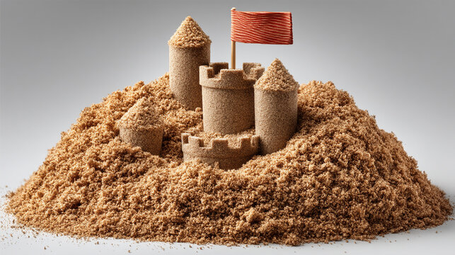 Intricate sand castle structure with small flag on top of sandy mound vacation sculpture