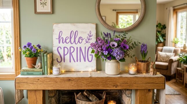 A cozy interior scene features a wooden console table adorned with a "hello spring" sign, a floral arrangement, and candles. A vintage-style mirror reflects a garden view.