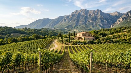 Naklejka premium A picturesque vineyard stretches across a rolling hillside beneath a majestic mountain range. A charming stone villa sits prominently in the center of the vineyard, surrounded by lush greenery.