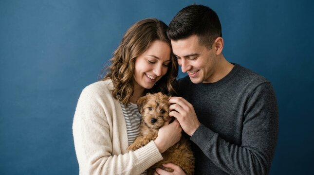 A smiling couple lovingly holds a small, fluffy puppy. The woman wears a cream-colored sweater, and the man wears a gray sweater.