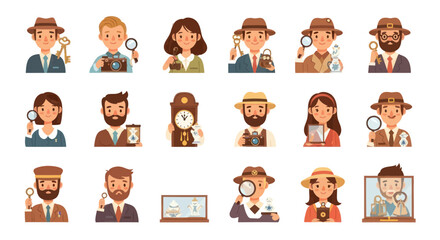 Naklejka premium Flat Vector Detective and Investigation Character Avatars Set. People Icons with Magnifying Glass, Key, Camera.