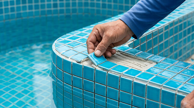Professional Worker Repairing Blue Ceramic Tiles on Swimming Pool Edge Surface