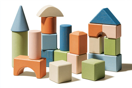 Colorful Wooden Building Blocks Isolated on White Background