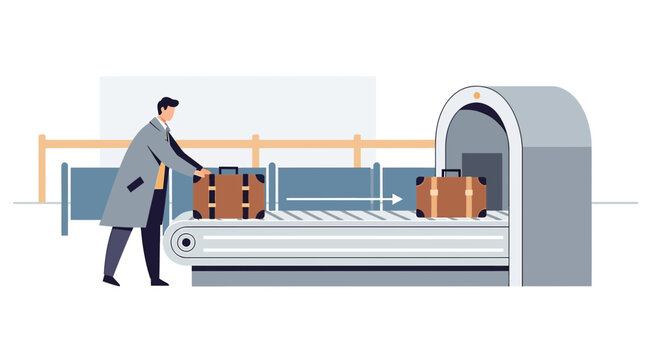 Airport Security Scan: Man with Suitcase at X-ray Machine - Travel Security