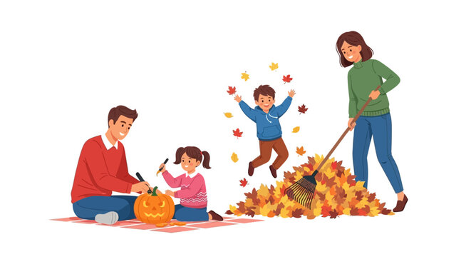 Family carving pumpkin and playing in autumn leaves, happy fall season activity