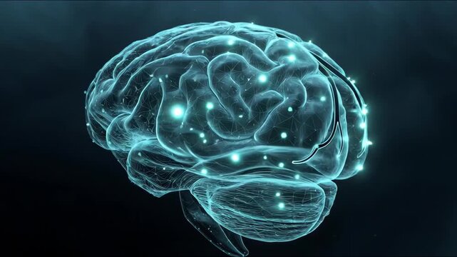 Glowing human brain shown in luminous graphic style on dark background concept intelligence and cognition science