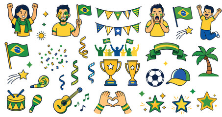 Fototapeta premium Brazil Football Fan Celebration Icon Set – Flat Vector Collection with Flags, Trophies, Carnival Elements and Soccer Symbols