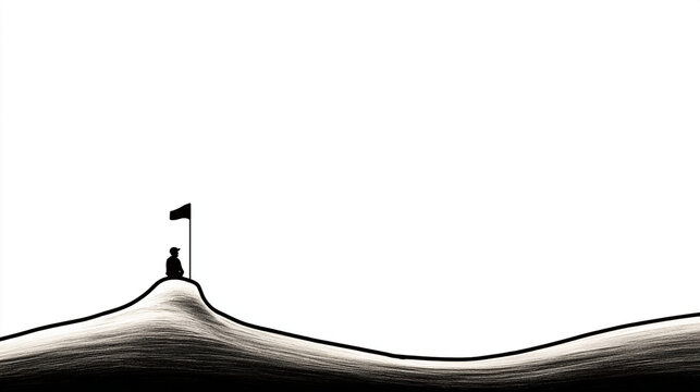 Abstract minimalist landscape illustration with a small flag on a hill landscape minimalist