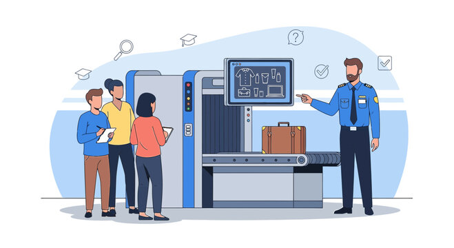 Airport Security Checkpoint Scene with Scanner, Officer, and Passengers