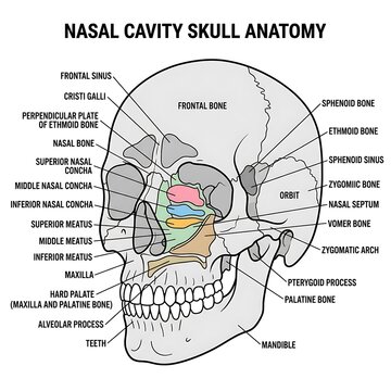 Detailed anatomical diagram of human nasal cavity skull.
