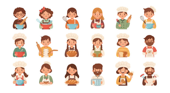 Flat Vector Cartoon Bakers  Chefs: Diverse Adults  Kids Cooking  Baking Profession Illustration Set