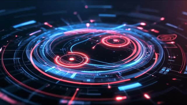 Glowing neon circular tech interface in futuristic style on dark background, concept of digital innovation tech