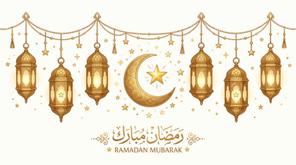 Golden ramadan mubarak lanterns and crescent moon © Sabuj