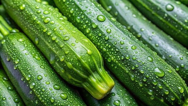 Detailed close-up of fresh green zucchini with many water droplets squash vegetable