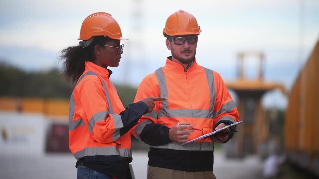 Engineers railway team wearing safety uniform under conversation document on hand inspection survey container boxes railway work station is industry transportation cargo import export concept.	