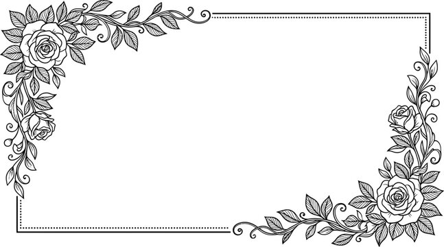 Elegant floral border with roses and leaves, decorative frame, black and white design