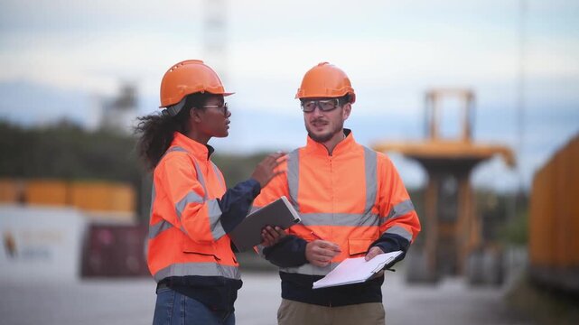 Engineers railway team wearing safety uniform under conversation document on hand inspection survey container boxes railway work station is industry transportation cargo import export concept.	