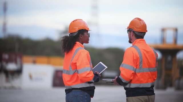 Engineers railway team wearing safety uniform under conversation document on hand inspection survey container boxes railway work station is industry transportation cargo import export concept.	