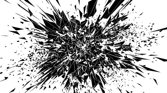 Abstract black and white graphic background featuring a dynamic explosion of shattered geometric fragments; chaotic burst illustrating impact, destruction, or energetic movement
