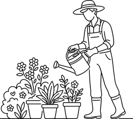 Gardener watering potted plants and flowers in a garden, line art illustration © marlong
