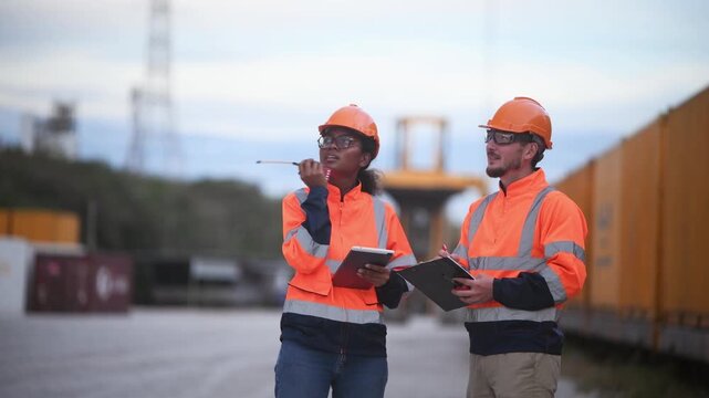Engineers railway team wearing safety uniform under conversation document on hand inspection survey container boxes railway work station is industry transportation cargo import export concept.	