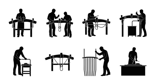 Silhouette of craftsmen working on wooden wheels and furniture in a workshop setting with various tools and equipment.