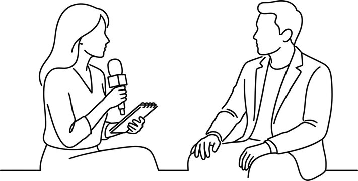 Journalist interviewing man with microphone and notebook, line art illustration
