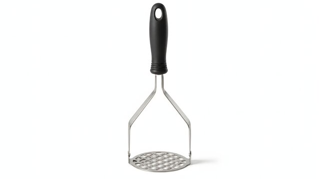 A clean high resolution studio photograph of a stainless steel kitchen potato masher on a white background. This photo is suitable for culinary websites, cooking blogs, or product catalogs.