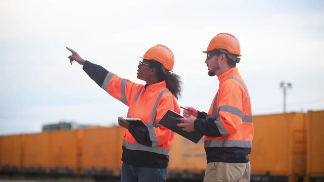 Engineers railway team wearing safety uniform under conversation document on hand inspection survey container boxes railway work station is industry transportation cargo import export concept.	
